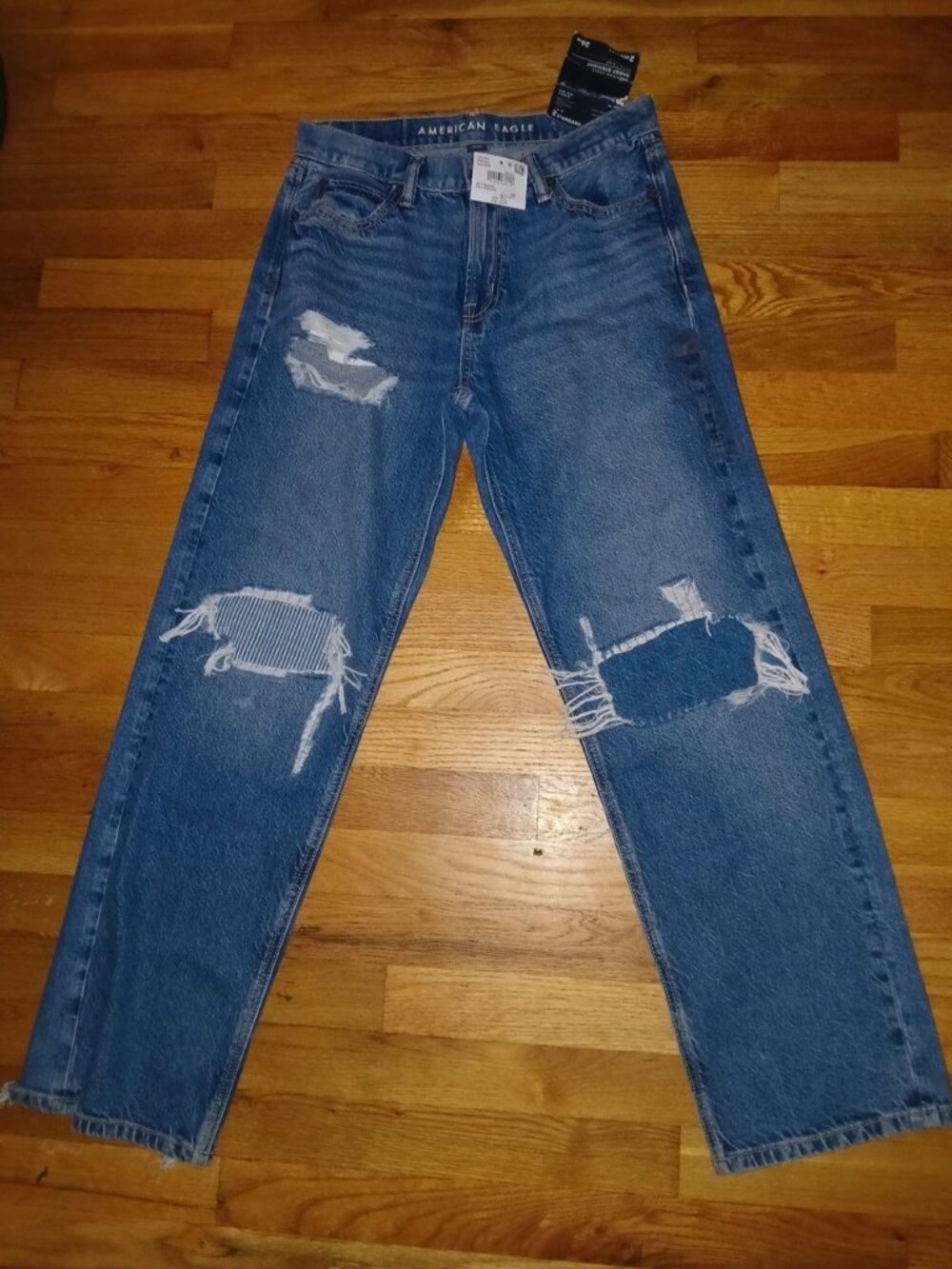American Eagle AE distressed patchwork baggy straight low rise jeans 2 regular